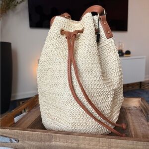 MONTCE Beige Crochet Bucket Bag with Leather Accents